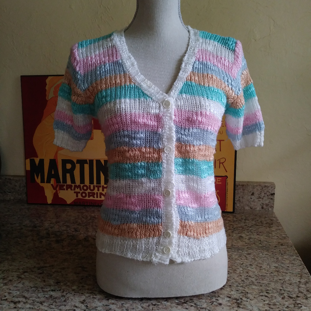 Vintage Cardigan Sweater Pastel Stripes Open Weave